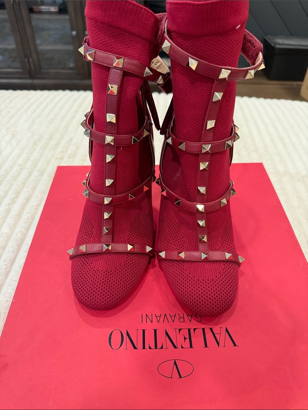 Valentino Red Rockstud Mesh Strappy Sock Heeled Boots